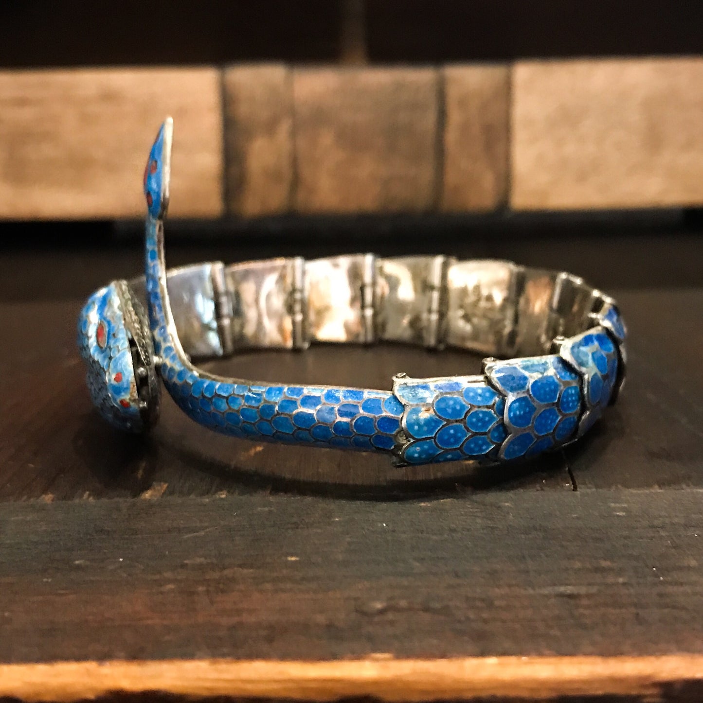 SOLD--Mid-Century Enamel Snake Bracelet Sterling, Taxco c. 1970