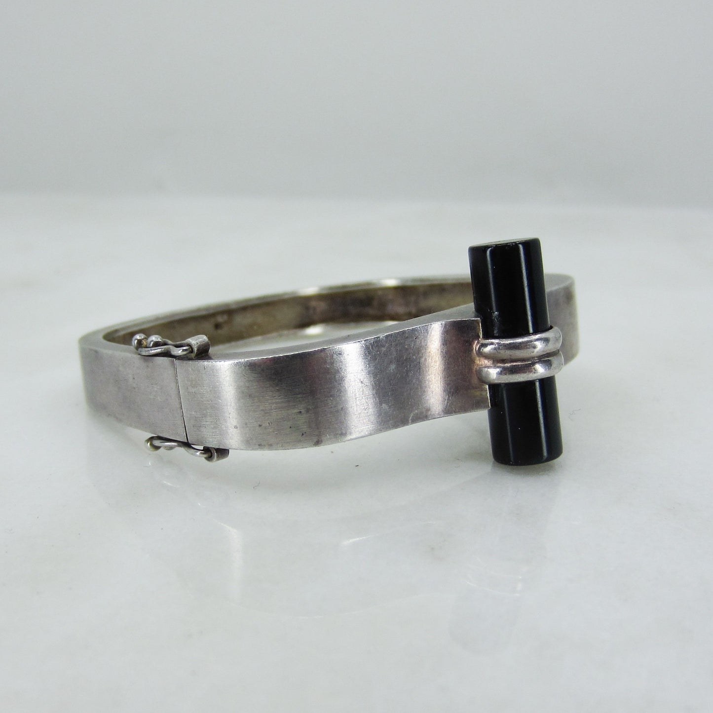 SOLD--Art Deco Onyx Hinged Bangle Sterling Silver c. 1940