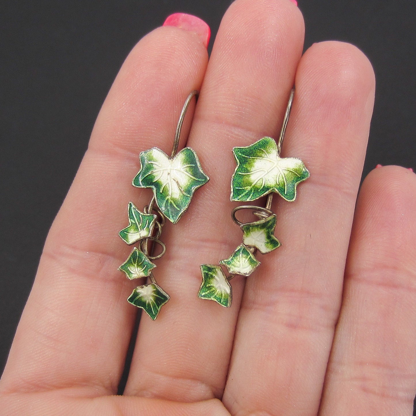 SOLD-Vintage Scandinavian Enamel Ivy Earrings Gilt Sterling c. 1970