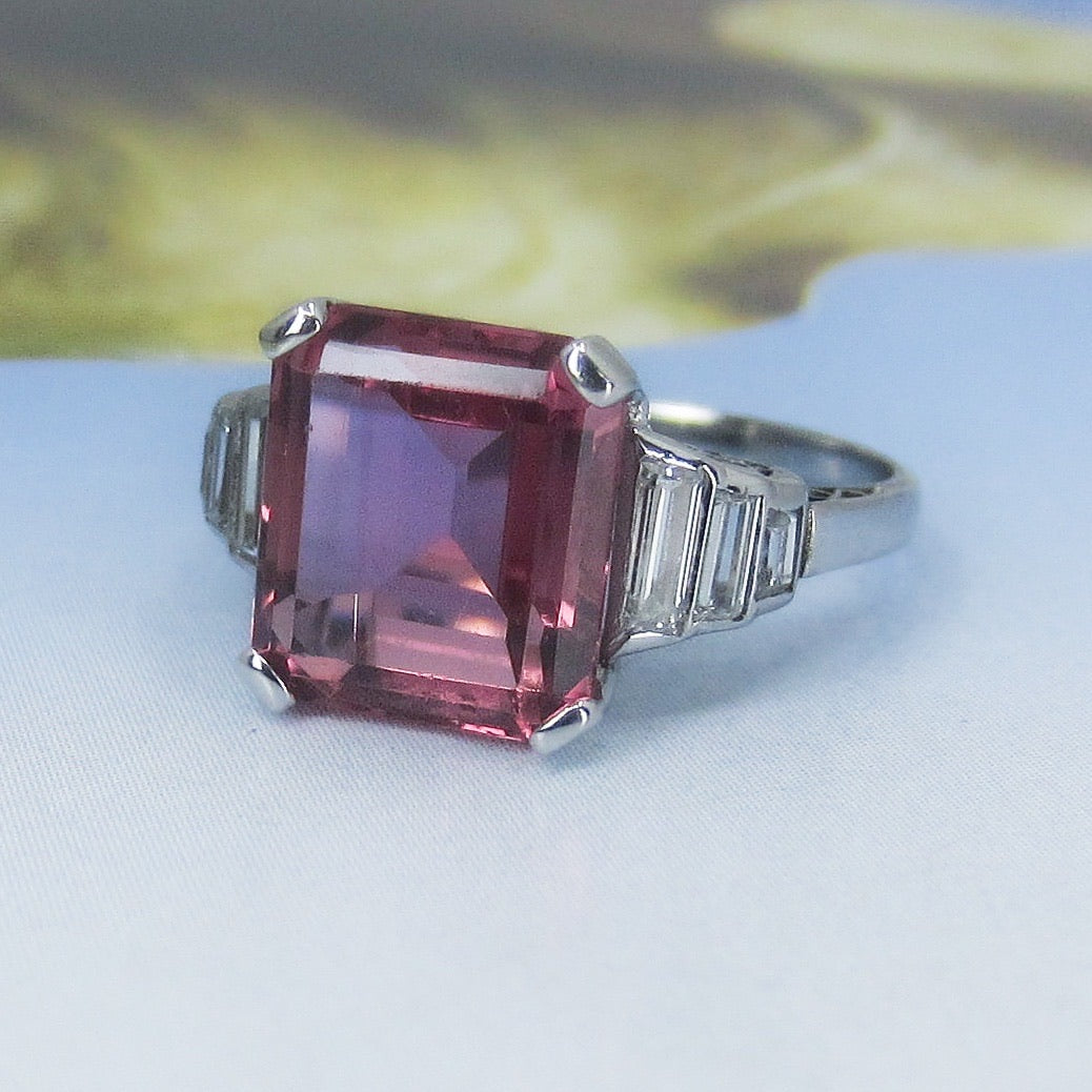 Vintage Pink Tourmaline and Baguette Diamond Ring Platinum c. 1980