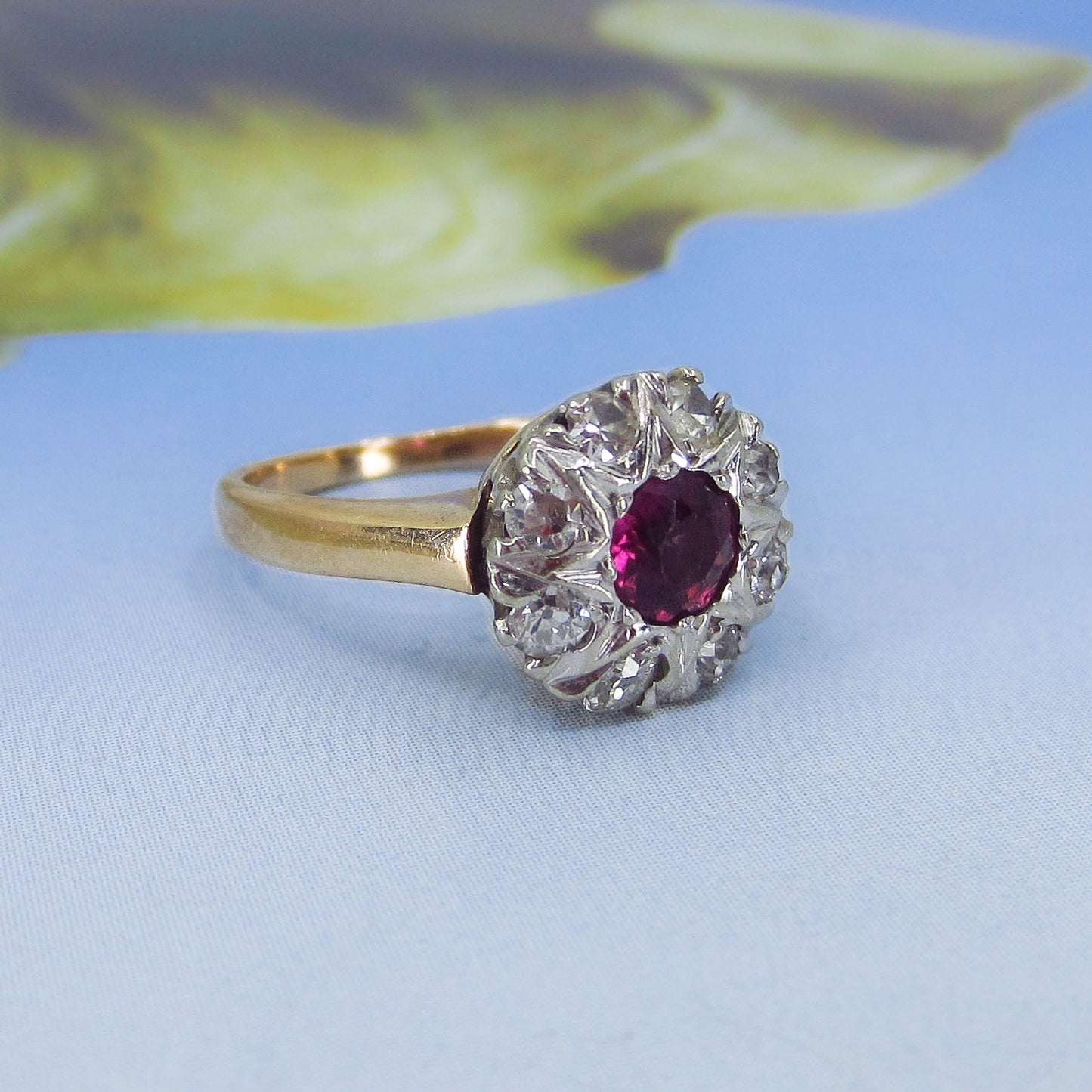 SOLD Art Deco Garnet and Diamond Cluster Ring 14k c. 1920