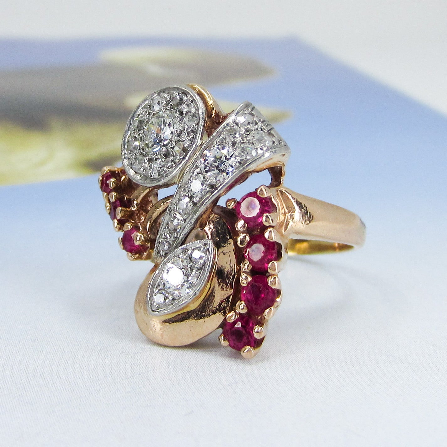 SOLD—Vintage Retro Old Hollywood Diamond and Ruby Ring 14k c. 1940