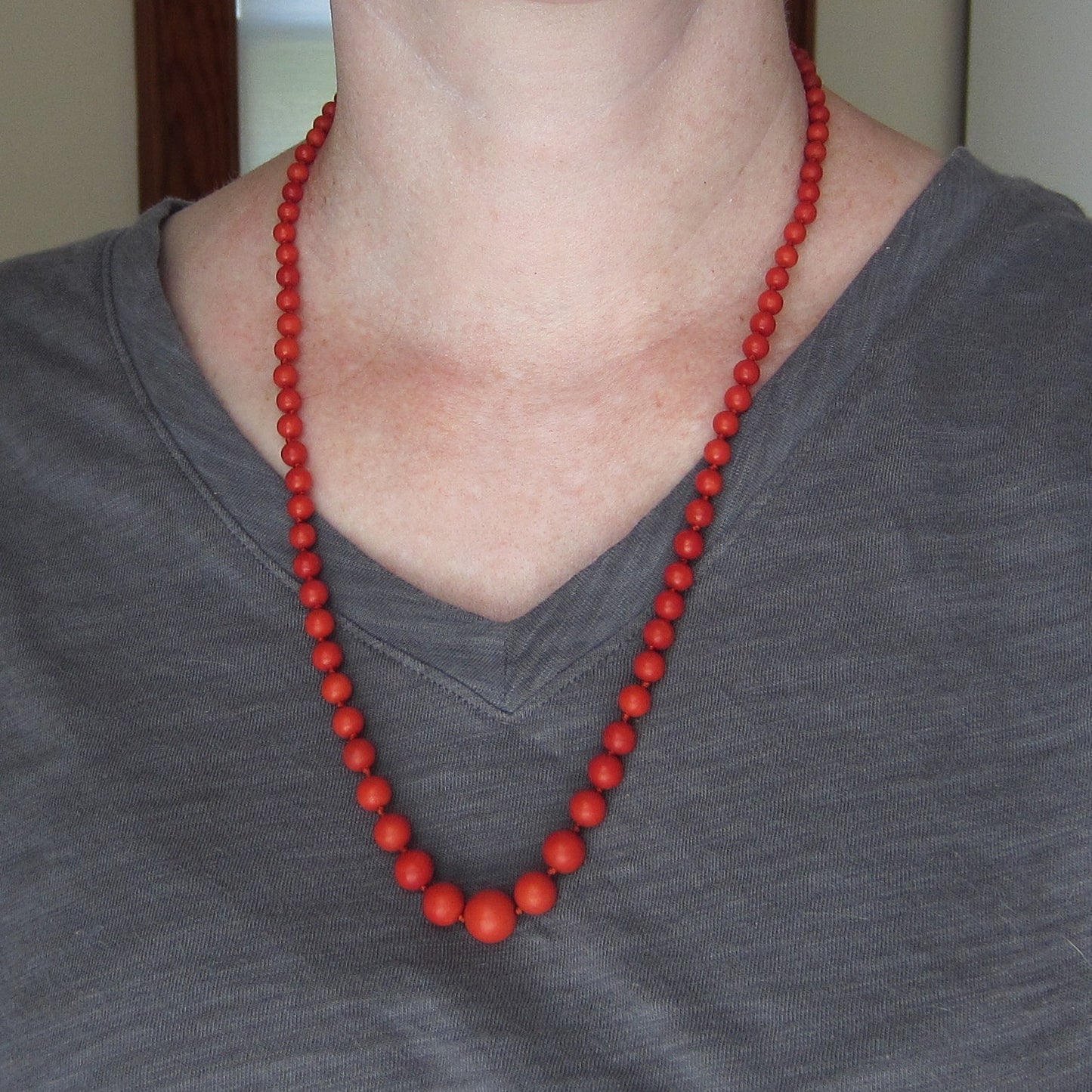 SOLD-Art Deco Italian Graduated Coral Bead Necklace 800 Silver c. 1920