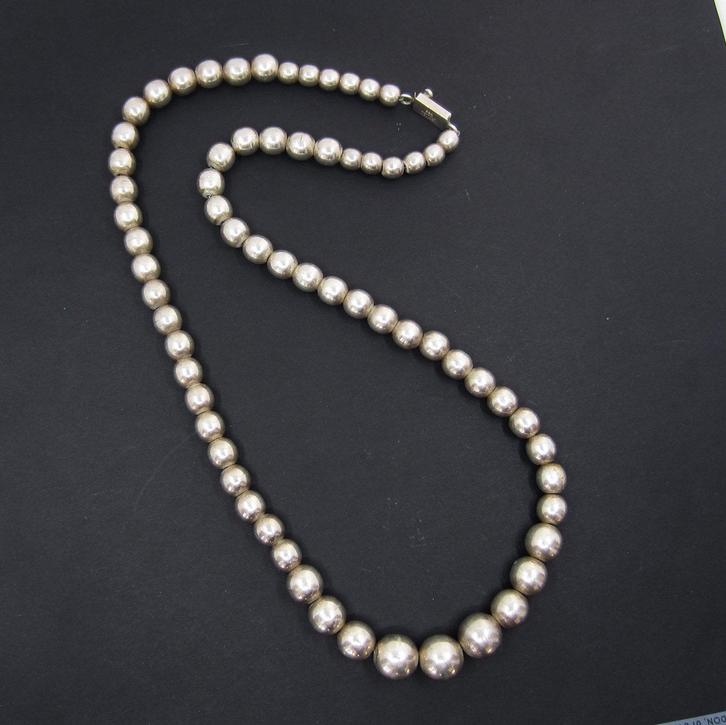 Vintage Taxco Long Graduated Ball Bead Necklace Sterling, Mexico c. 1980