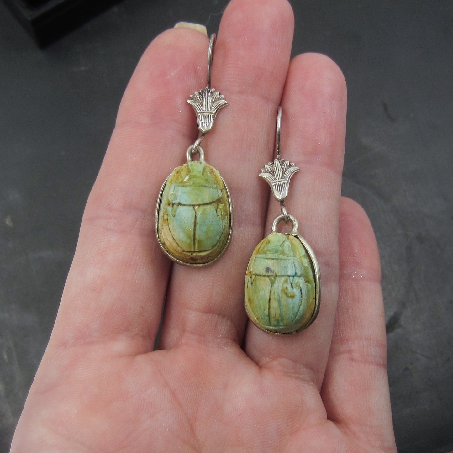 SOLD--Vintage Egyptian Revival Faience Scarab Earrings Silver c. 1970