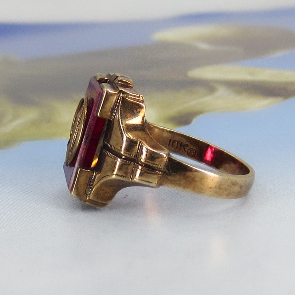 SOLD--Art Déco Synthetic Ruby “D” Initial Signet Ring 10k c. 1920