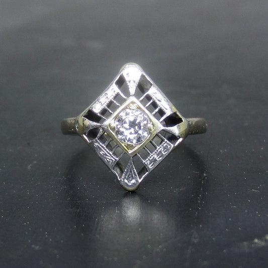 SOLD--Art Deco Old European .20ct Diamond Shaped Ring 18k c. 1930