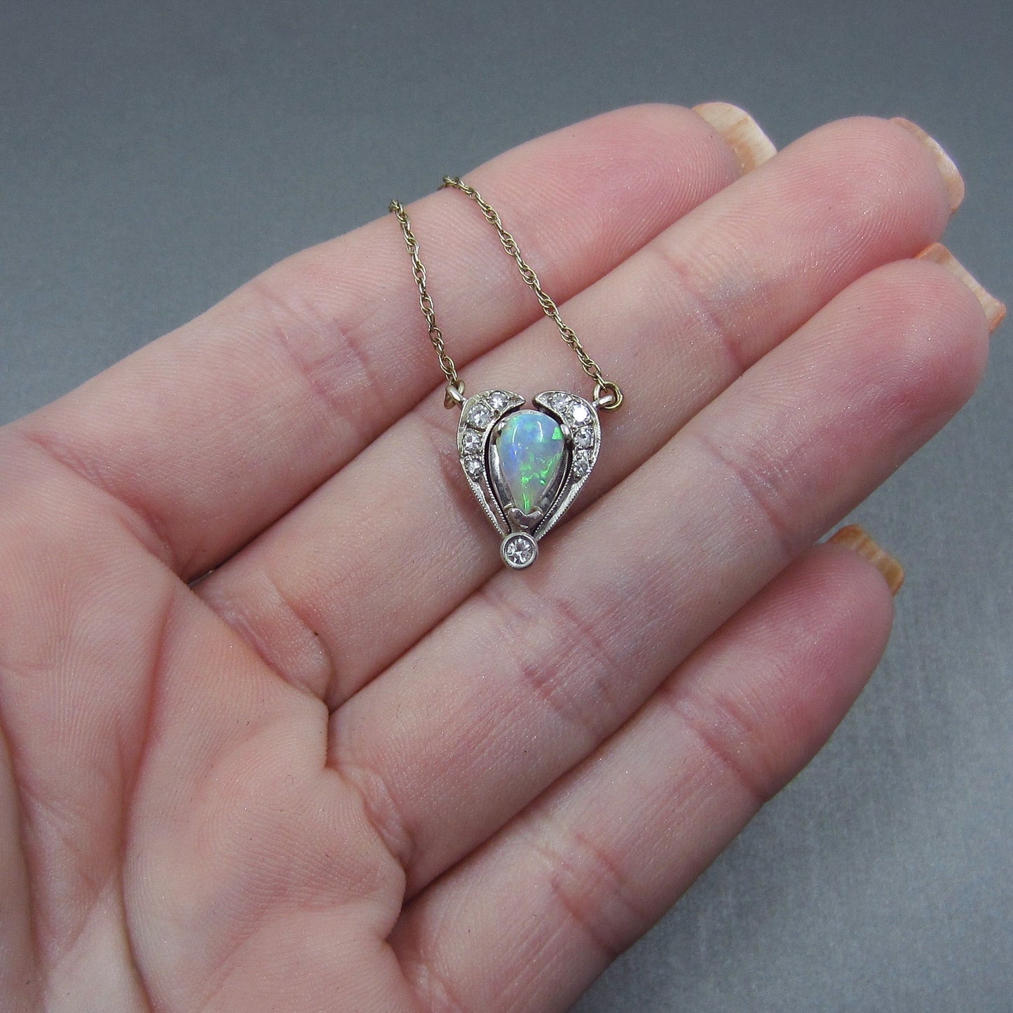 SOLD--MidCentury Opal and Diamond Convertible Necklace 14k c. 1950