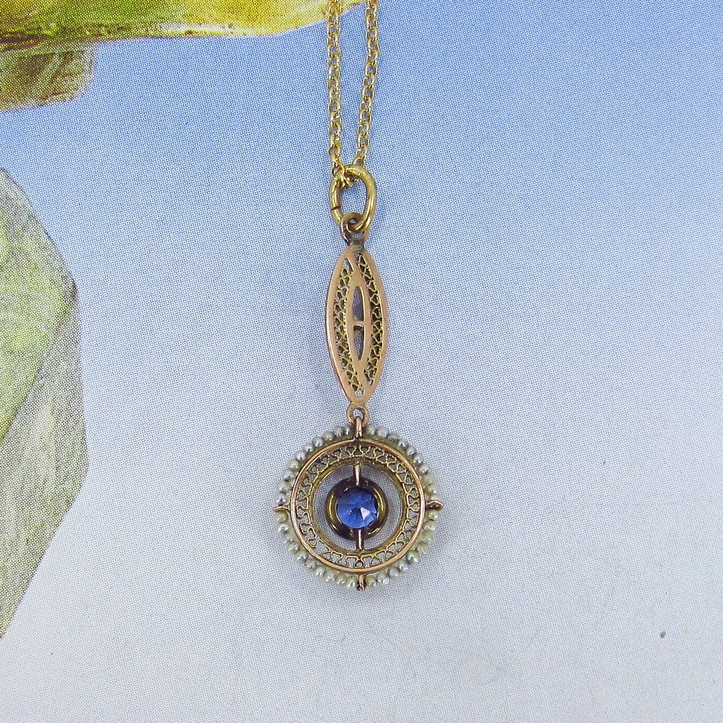 SOLD-Edwardian Seed Pearl and Blue Glass Pendant 10k c. 1910