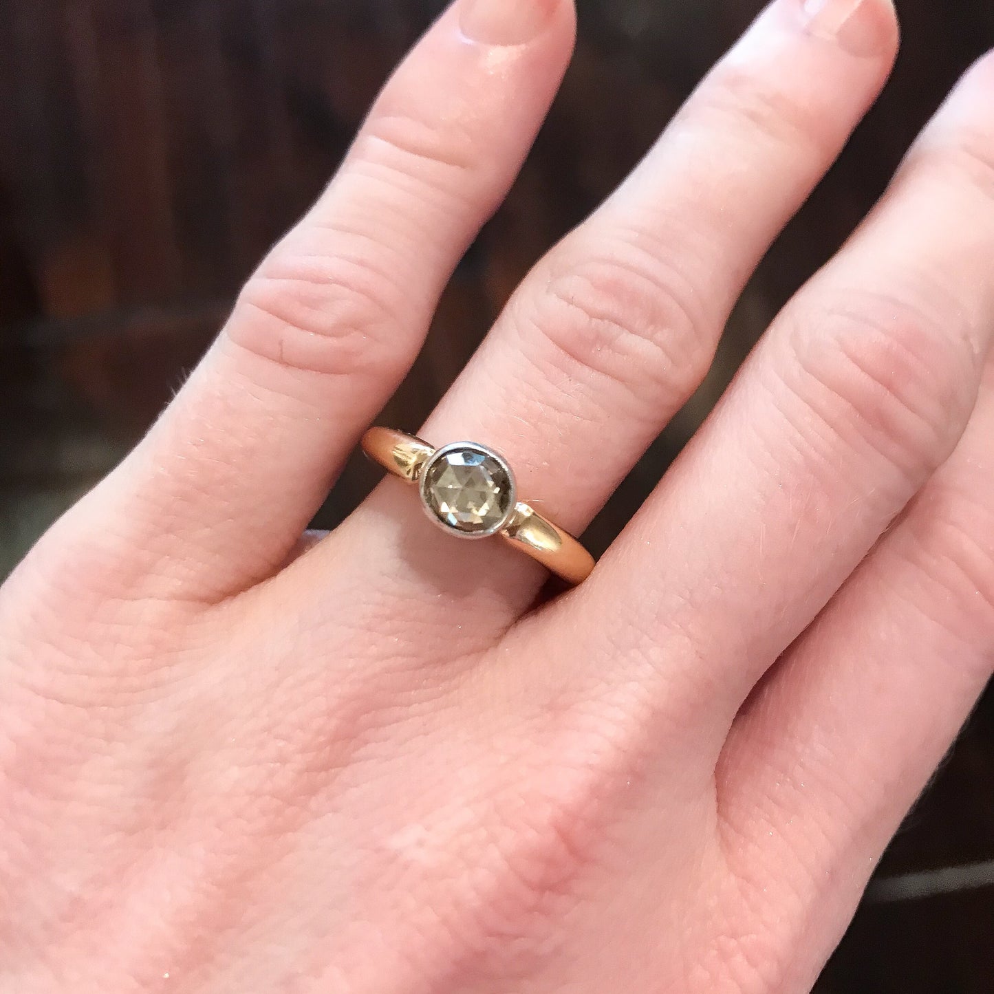 SOLD--Antique Bezel Set Rose Cut Diamond Engagement Ring Silver/14k c. 1900