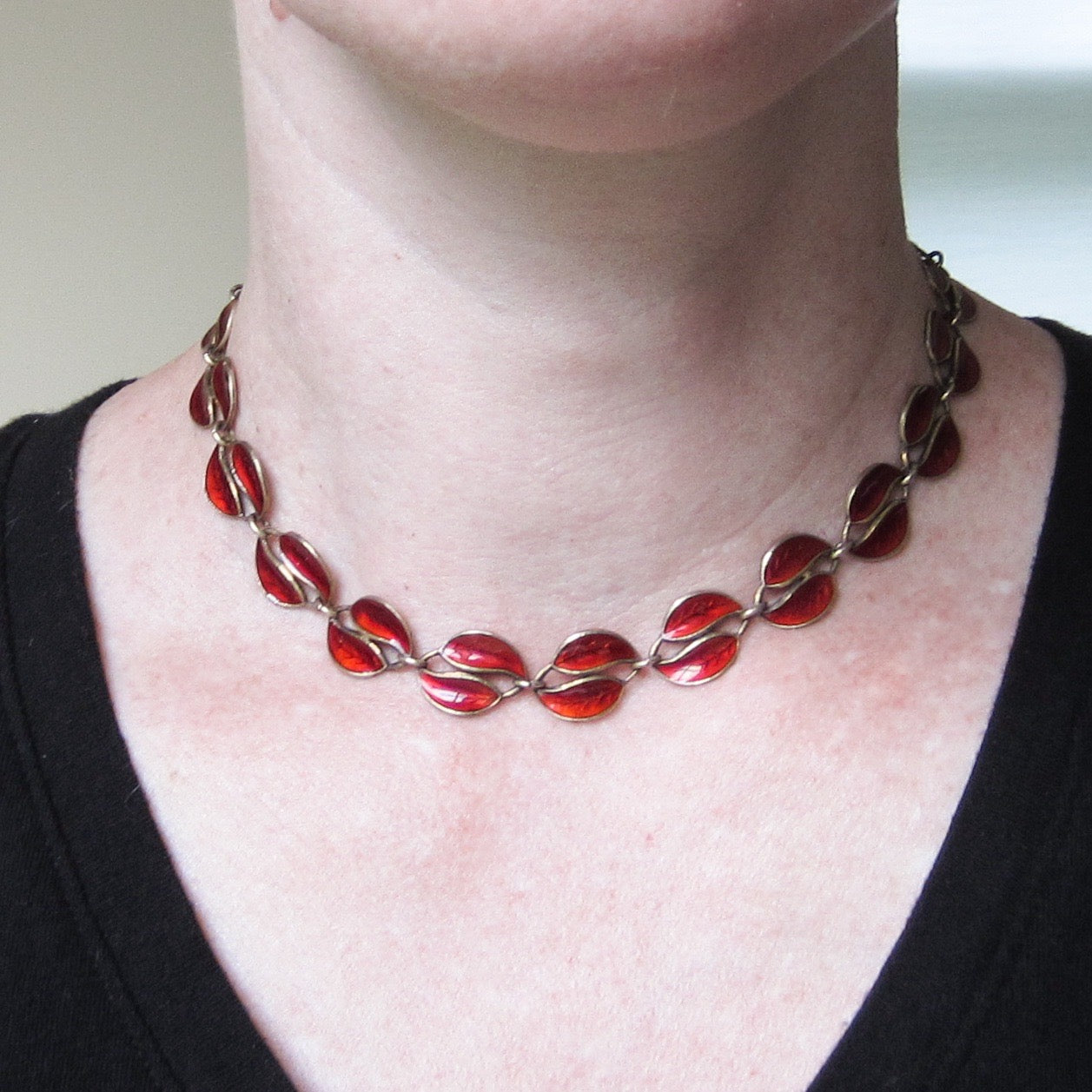 SOLD--Mid-Century David Andersen Red Enamel Necklace Gilt Sterling c. 1950, Norway