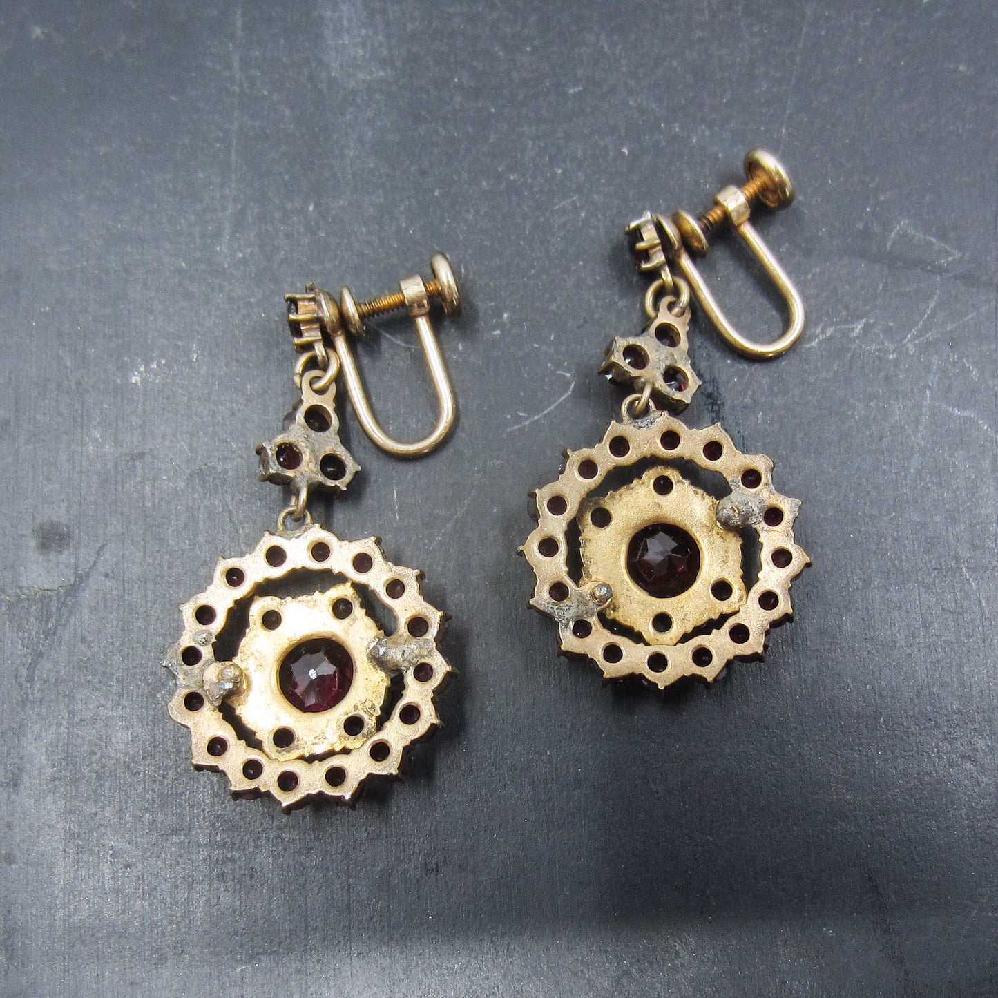 SOLD-Art Deco Bohemian Garnet Cluster Earrings Gilt Brass c. 1930