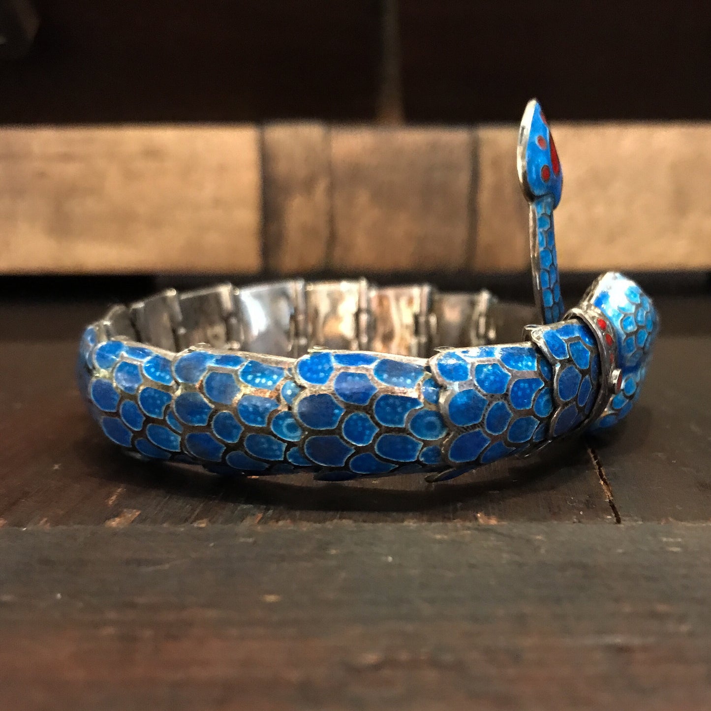 SOLD--Mid-Century Enamel Snake Bracelet Sterling, Taxco c. 1970