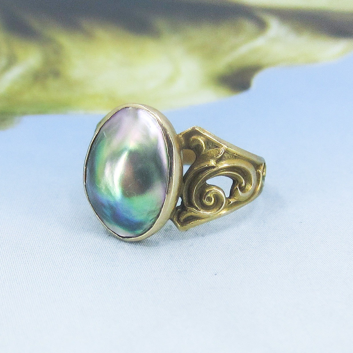SOLD--Art Nouveau Mother of Pearl Ring 10k c. 1890