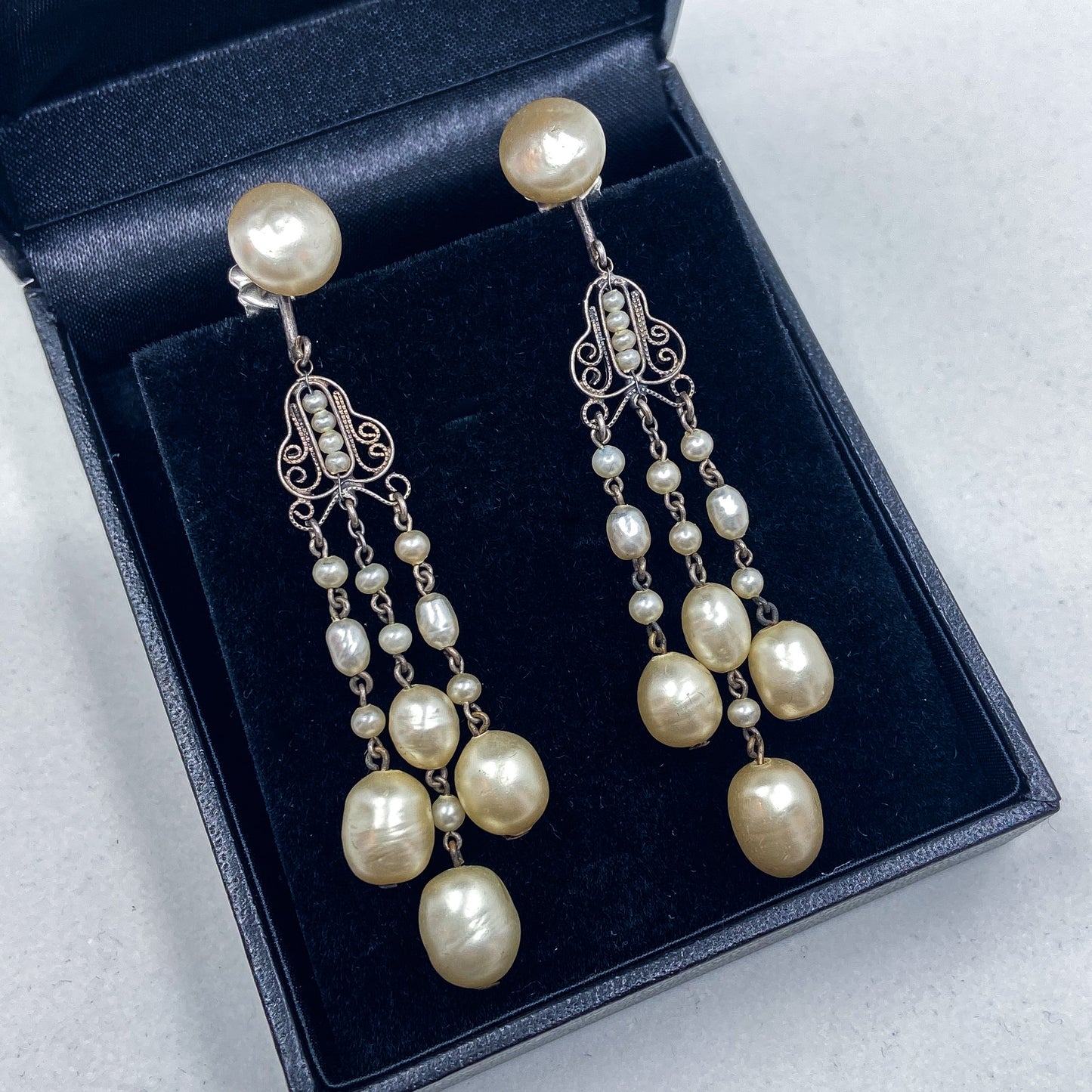SOLD--Art Deco Long Faux Pearl Chandelier Earring Brass/Sterling c. 1930