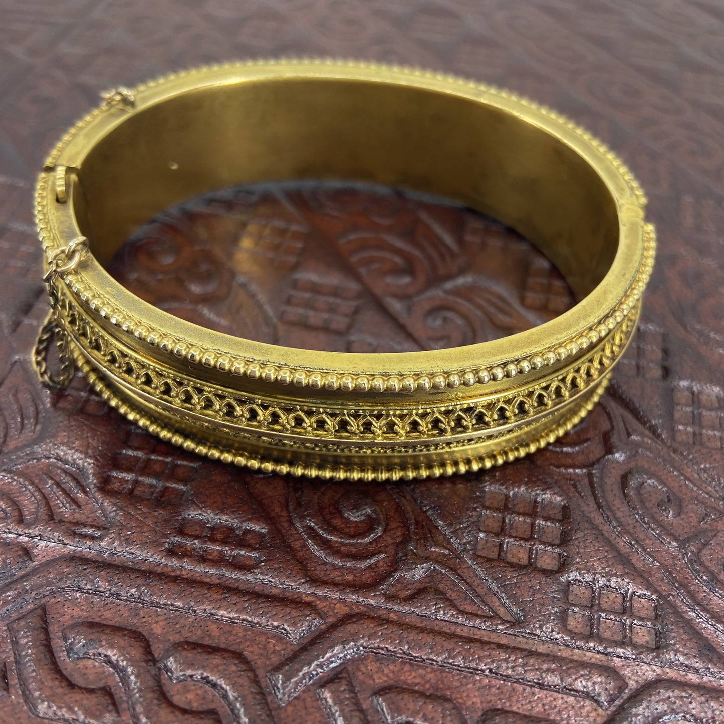 SOLD- Victorian  Etruscan Revival Hinged Bangle Gold-fill c. 1880