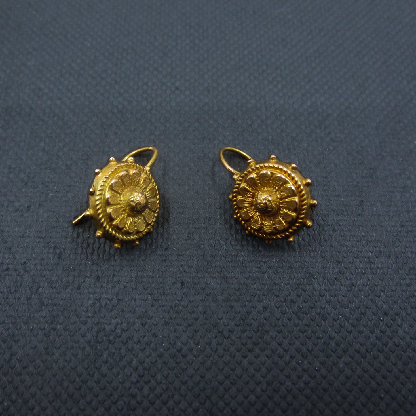 SOLD Victorian Etruscan Revival Small Drop Earrings 15k c. 1880