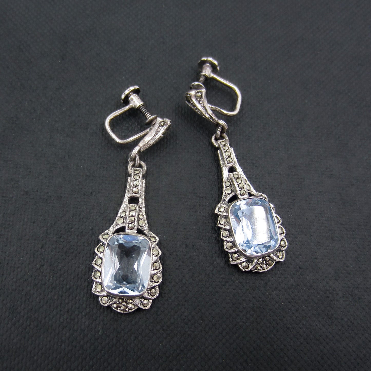 SOLD--Art Deco Marcasite and Synthetic Blue Spinel Drop Earrings Sterling c. 1930