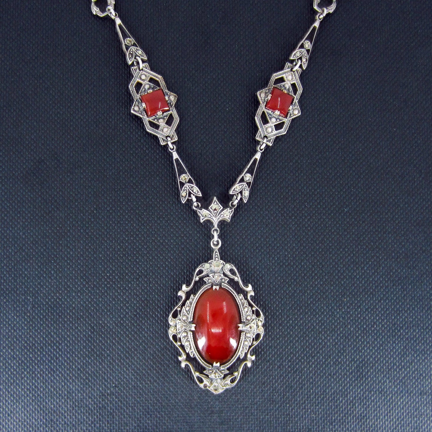 SOLD--Art Deco Carnelian and Marcasite Necklace Sterling c. 1930