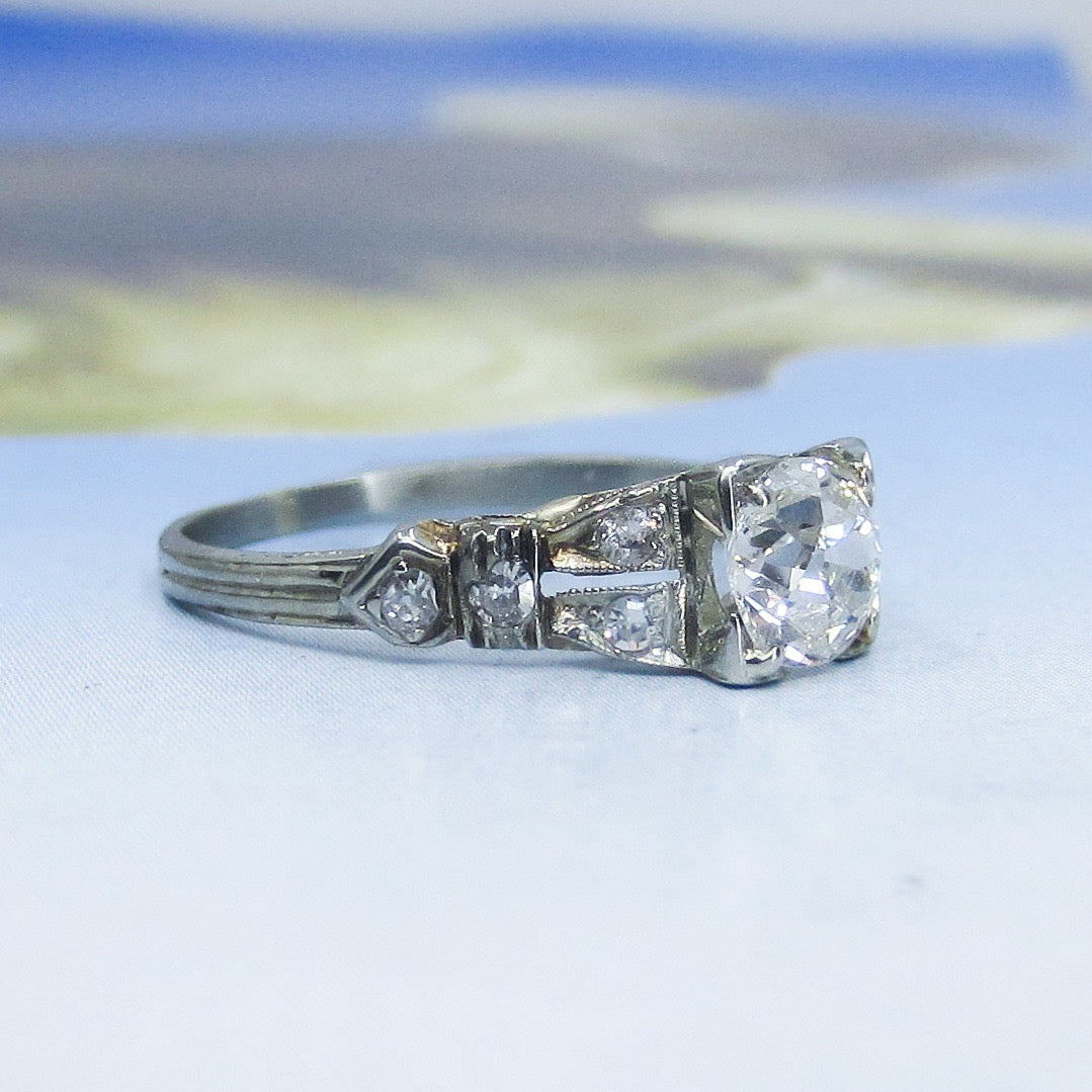 SOLD--Art Deco Old Mine .67ct Diamond Engagement Ring 18k c. 1920