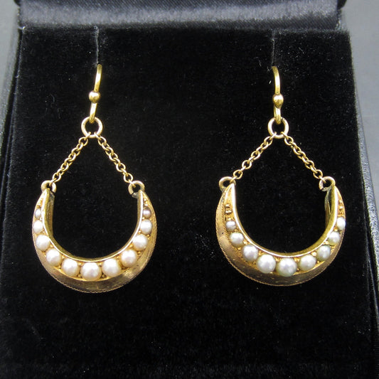 SOLD--Victorian Pearl Crescent Earrings 14k c. 1880