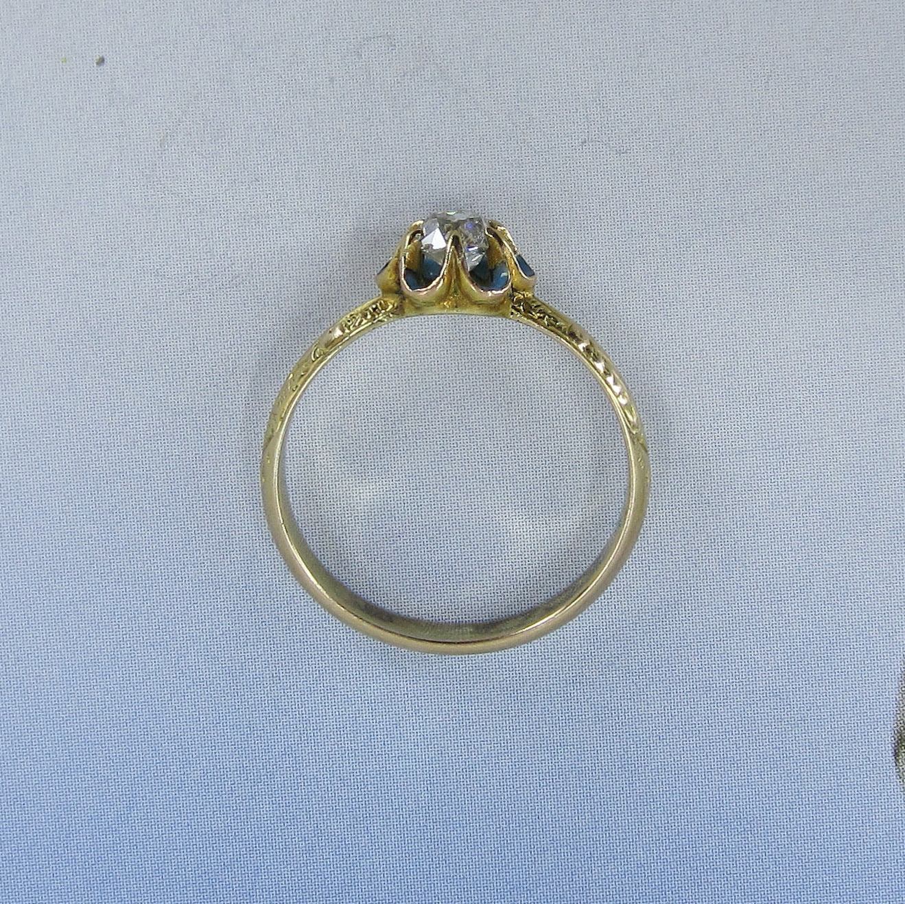 SOLD-Victorian Old Mine Diamond and Enamel Engraved Band Ring 14k c. 1840