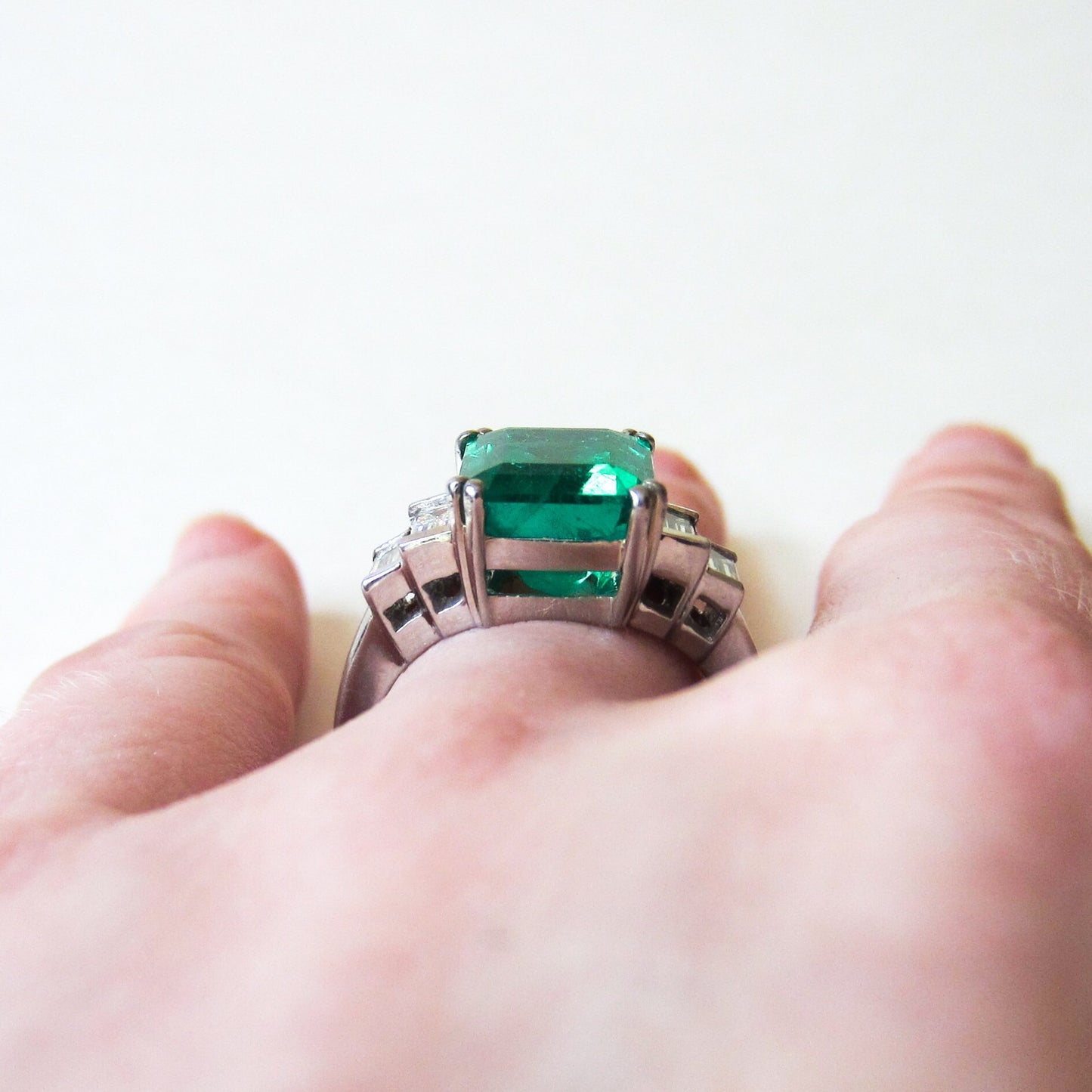 SOLD-GORGEOUS Vintage Emerald 4.57ct and Baguette Diamond Ring Platinum