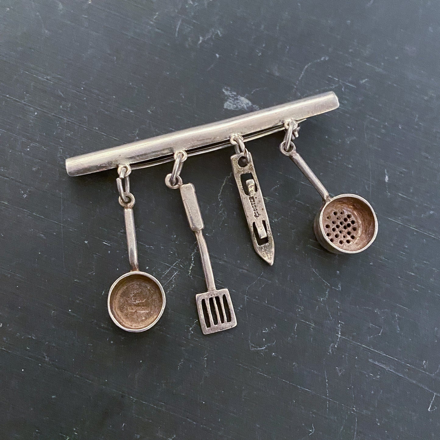 SOLD--Vintage Cooking Utensils Brooch Sterling c. 1980