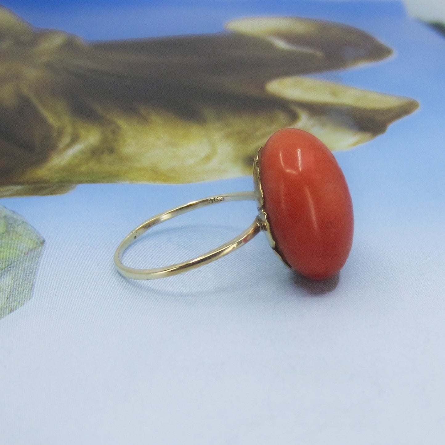 SOLD- Victorian Large Coral Cabochon Ring 14k c. 1890