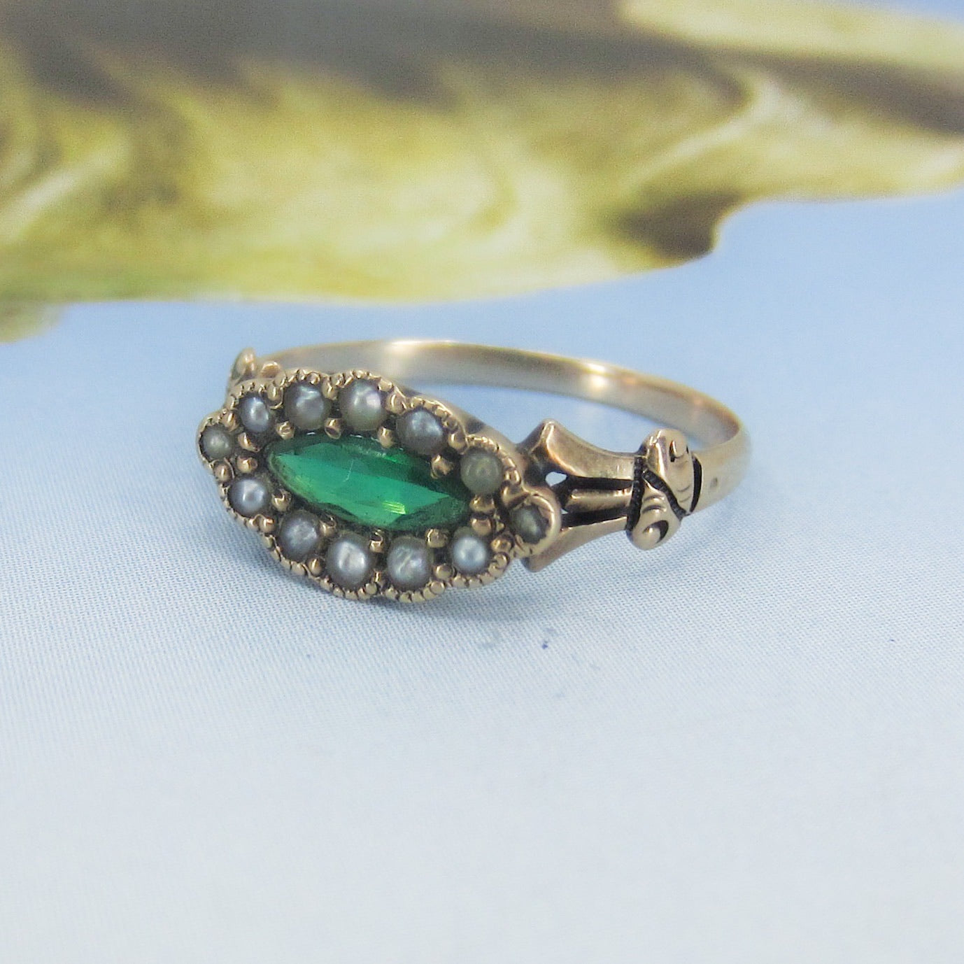 SOLD Victorian Green Glass and Seed Pearl Ring 14k c. 1880