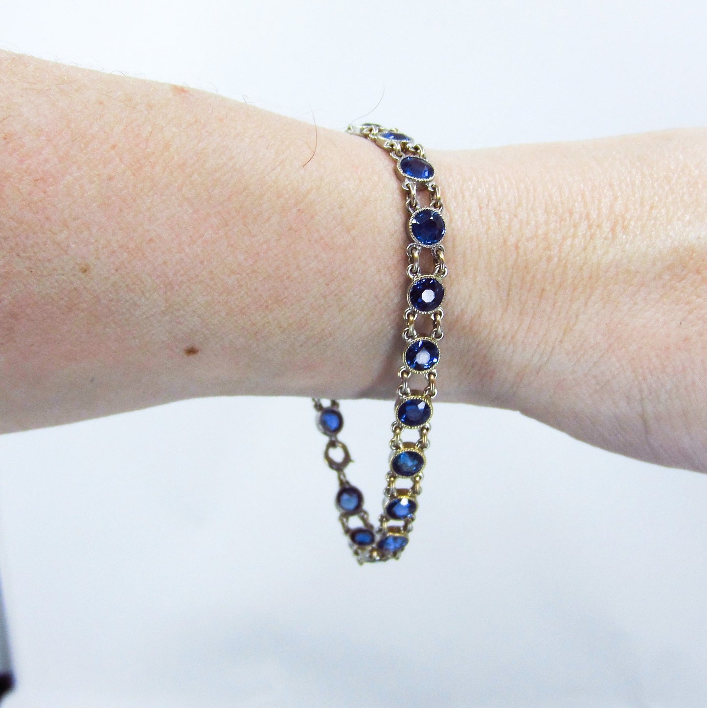 SOLD--Edwardian Bezel Set Sapphire Line Bracelet 14k c. 1910