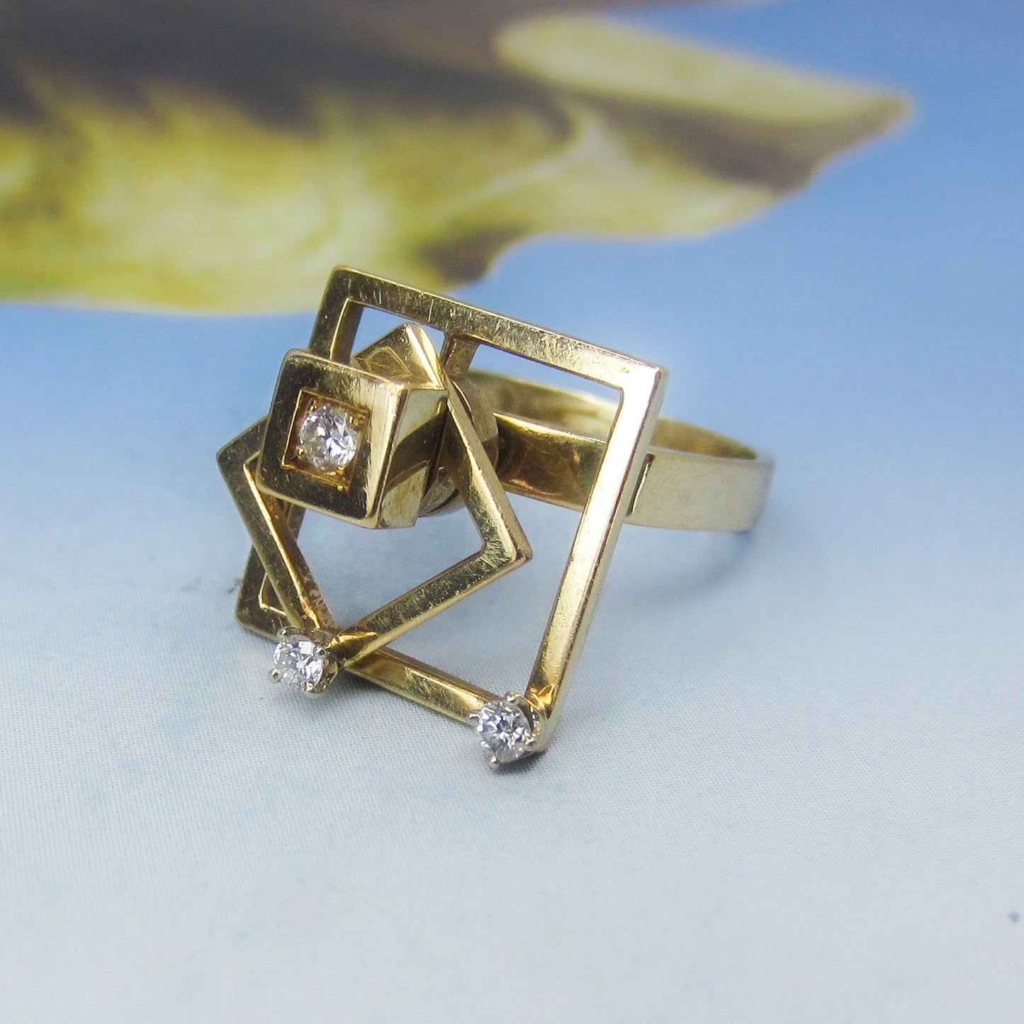 SOLD--Modernist Diamond Spinner Ring 14k by Teufel, 1975 size 6.75