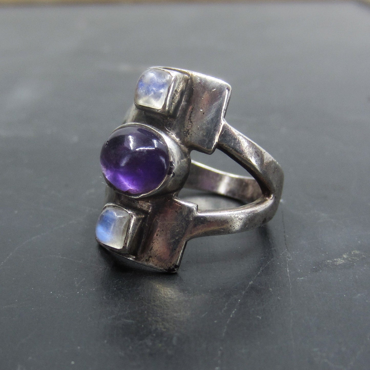 SOLD--Post-Modern Amethyst and Moonstone Ring Sterling c. 1990