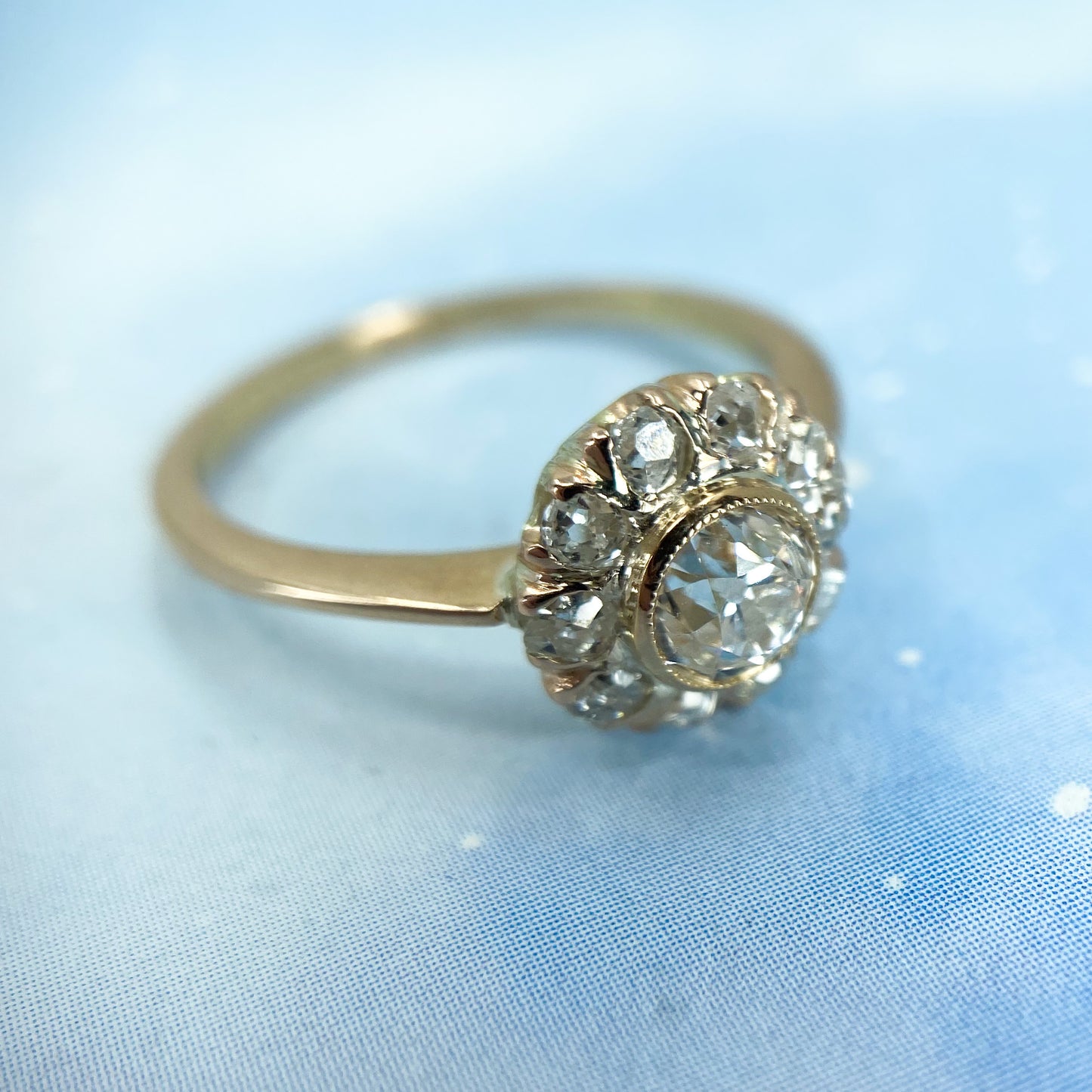 SOLD--Edwardian Old European Diamond Cluster Engagement Ring 14k