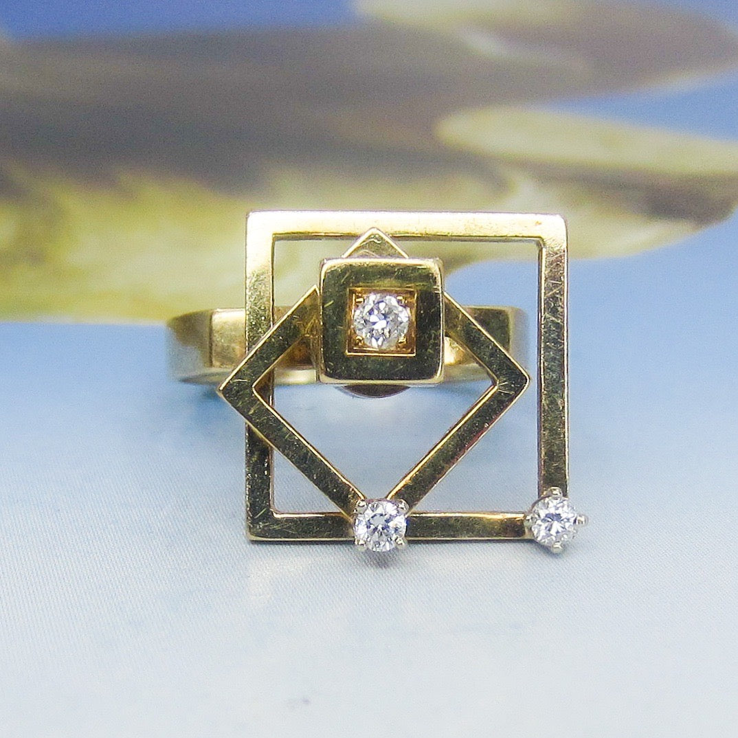 SOLD--Modernist Diamond Spinner Ring 14k by Teufel, 1975 size 6.75