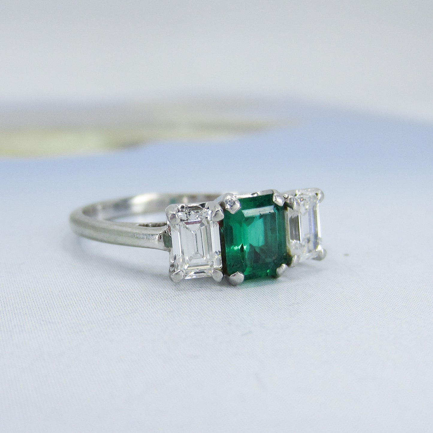 SOLD Vintage Mid-Century Emerald and Diamond Ring 18k/Plat c. 1950