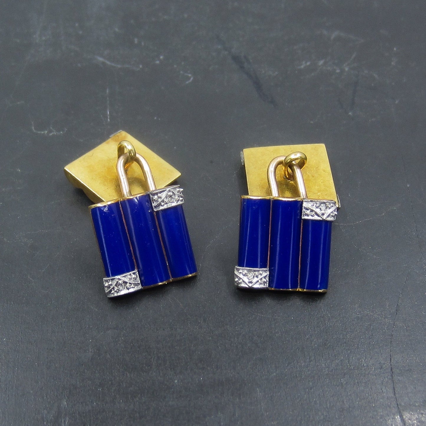 SOLD-Gorgeous Art Deco Lapis and Diamond Cufflinks 18k/Platinum c. 1930