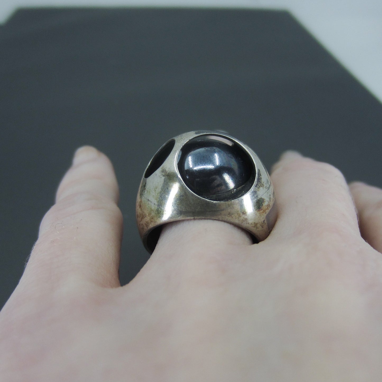 SOLD--Very Cool Post-Modern Hematite Dome Ring Sterling, Poland c. 1990