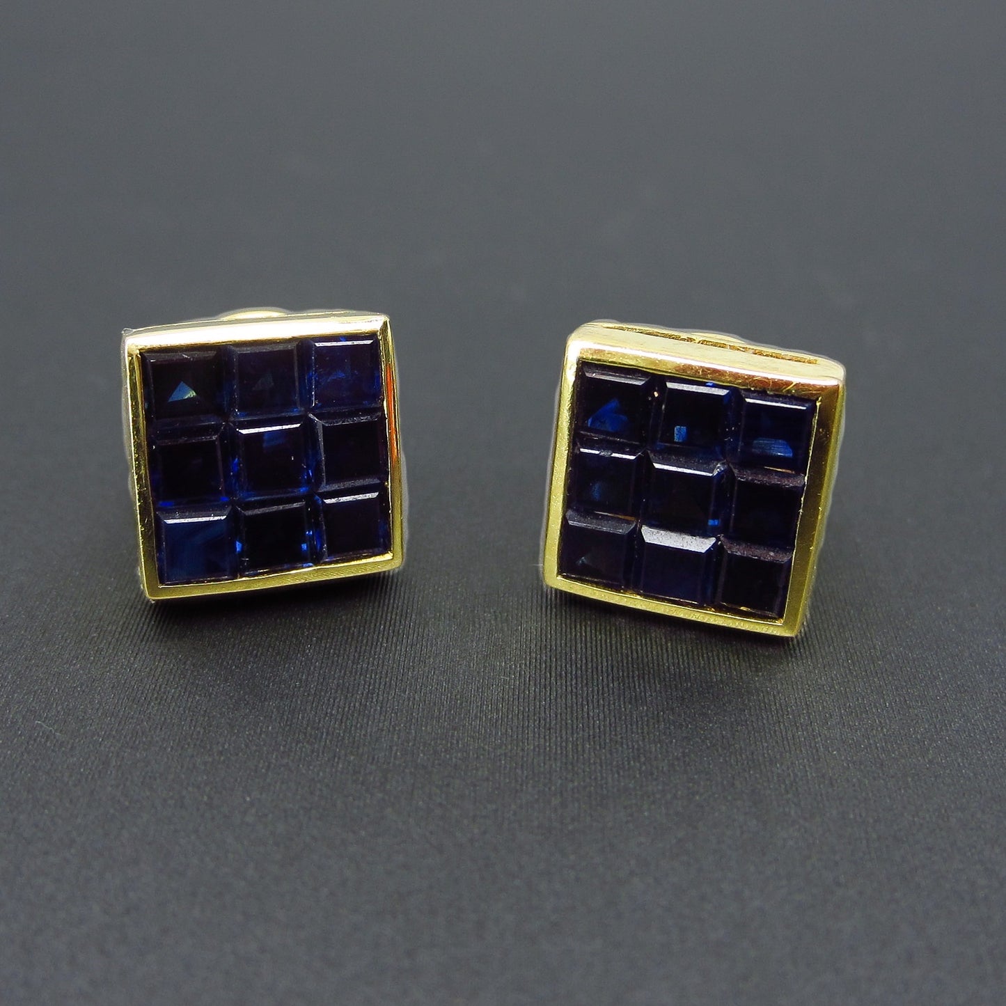 Vintage Square Cut Sapphire Cluster Earrings 18k c. 1980