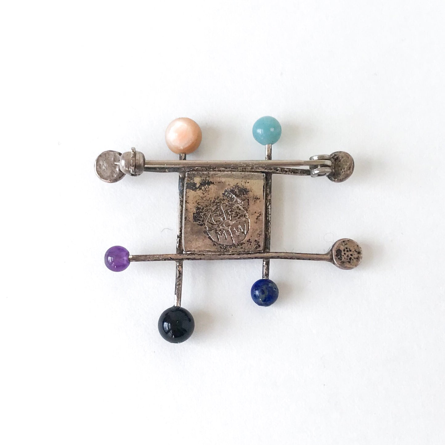 SOLD-Post-Modern Geometric Multi-Gem Brooch Sterling c. 1990