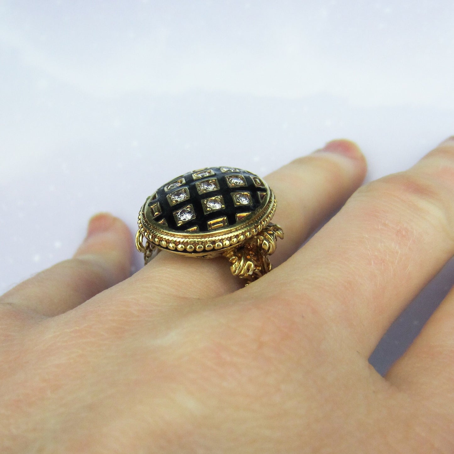 SOLD--Fantastic 1940's Victorian Revival Diamond Enamel Ring 14k