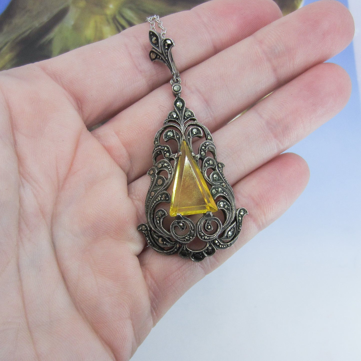 SOLD--Art Deco Marcasite and Yellow Glass Pendant Sterling Silver c. 1930