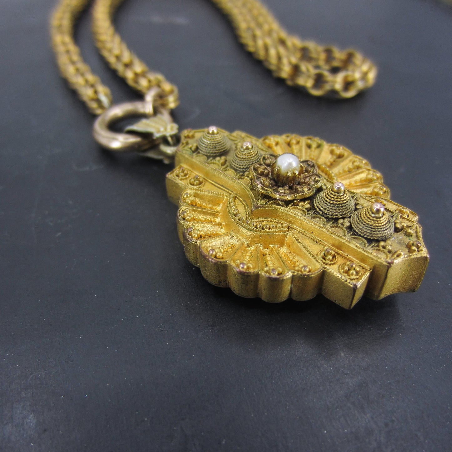 SOLD-Victorian Etruscan Revival Locket and Chain Gold-Filled c. 1880