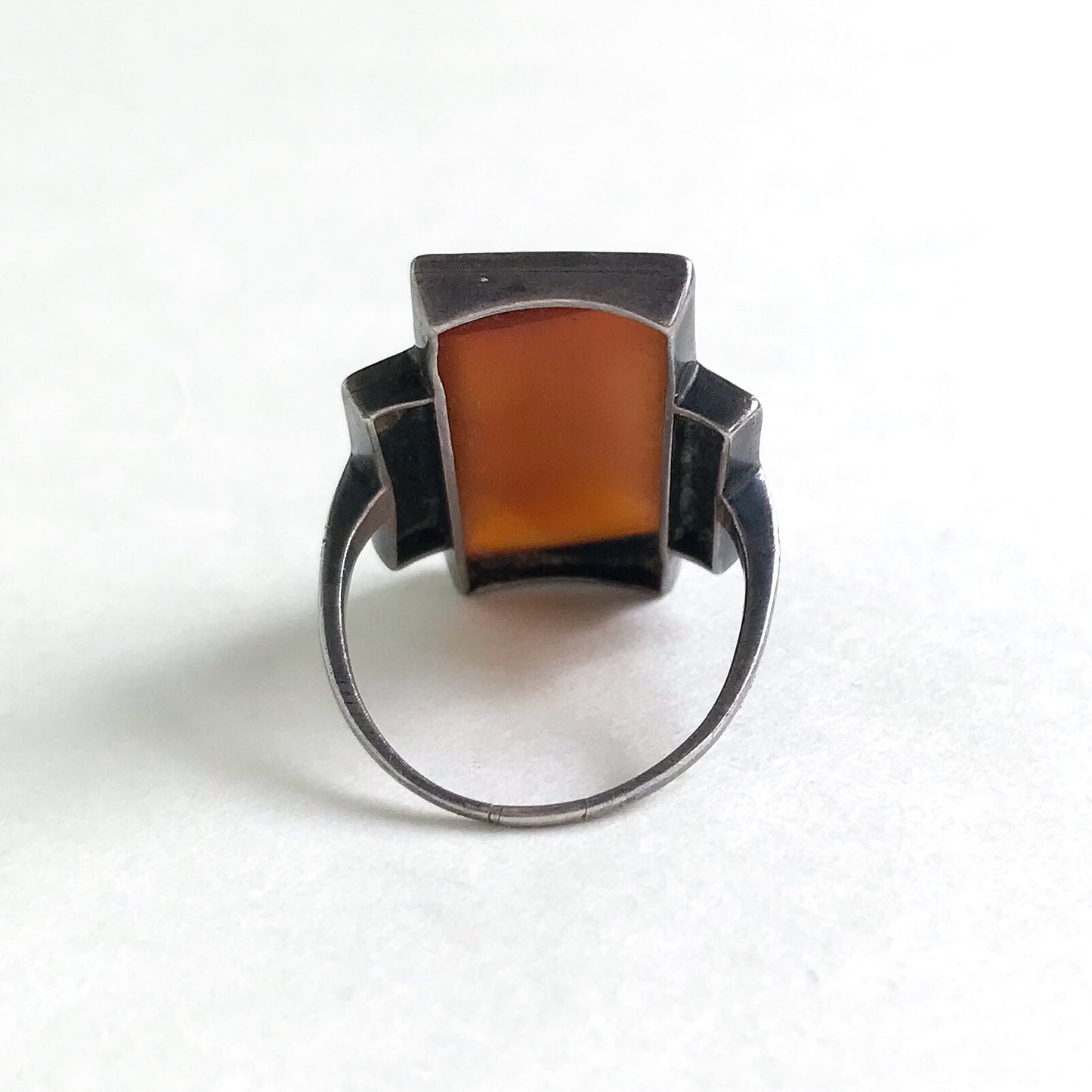 Art Deco Long Carnelian and Marcasite Ring Sterling c. 1930