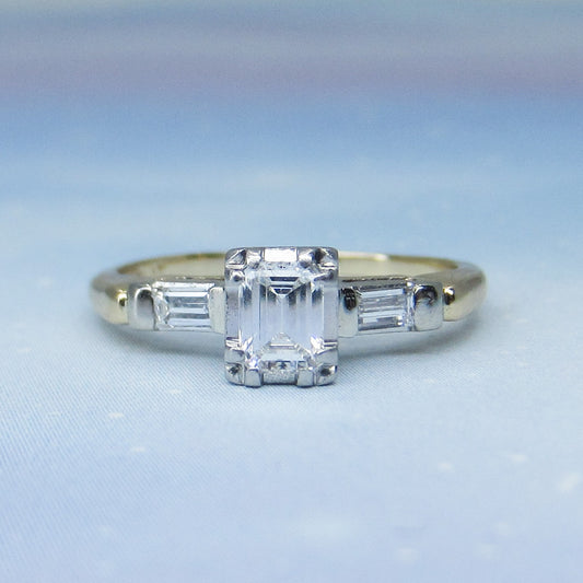 SOLD--Vintage Emerald Cut Diamond Engagement Ring Plat/14k c. 1940