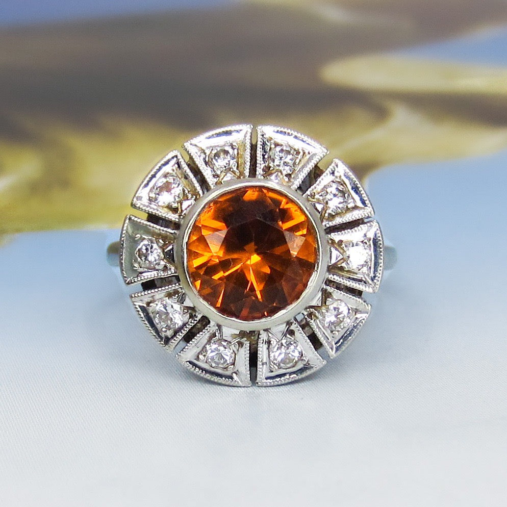 SOLD-Late Art Deco Syn. Orange Sapphire and Diamond Ring 14k c. 1940