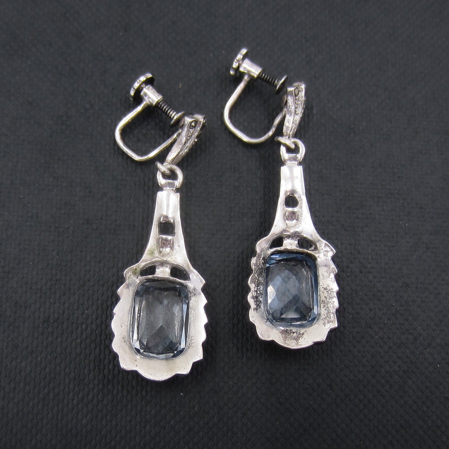 SOLD--Art Deco Marcasite and Synthetic Blue Spinel Drop Earrings Sterling c. 1930