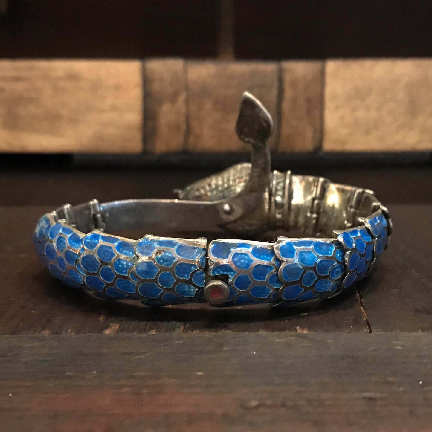 SOLD--Mid-Century Enamel Snake Bracelet Sterling, Taxco c. 1970