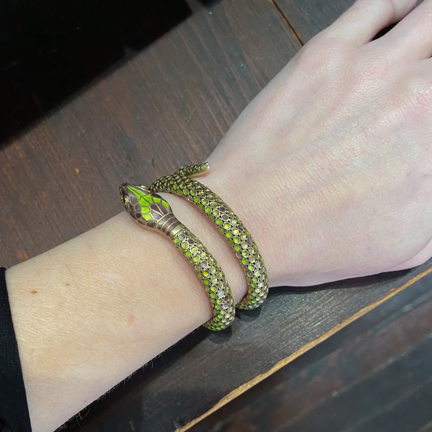 SOLD--Art Deco Enamel Coiled Snake Bracelet Gilt Sterling c. 1930