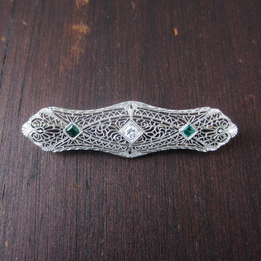 Art Deco Diamond Filigree Bar Pin 14k c. 1920